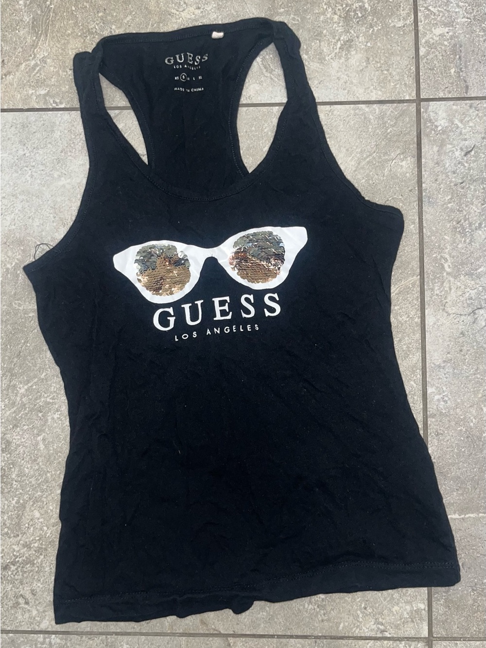Guess Black Racerback Tank with Sequin Sunglasses Graphic